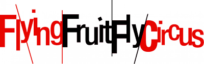 The words "Flying Fruit Fly Circus". Each word is separated by a slash symbol. The words flying and circus are bright red. The words fruit and fly are black.